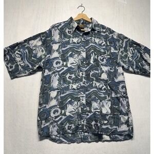Pure Mens Abstract Geometric Print Short Sleeve Button Up Shirt Blue Grey XL